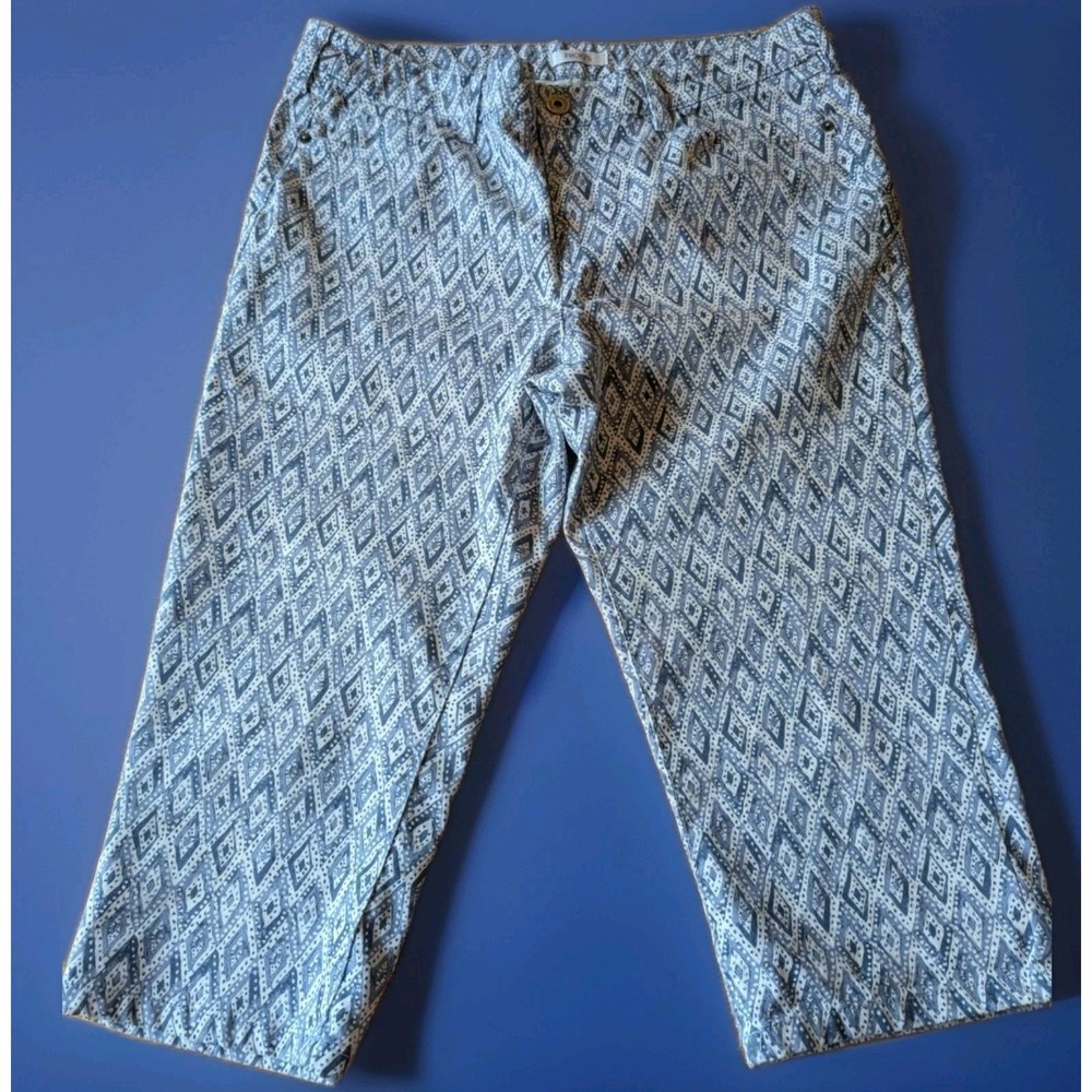 Rickis Diamond Stretch Capri Crop Zip Button Pants Blue White Print Size 35 x 18